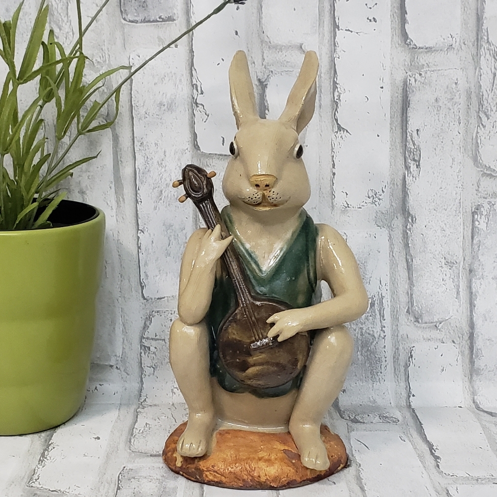 Vintage Rabbit Playing a Ukulele Figurine / Asian Pottery